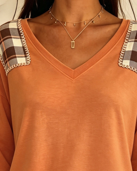 Topp Rute Patchwork V-Hals Casual