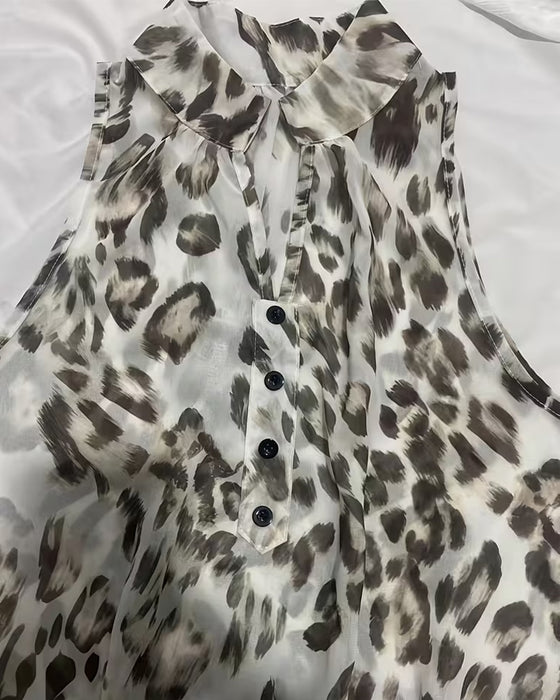 Kjole Leopard Trykk Mandarin Krave Ruffle