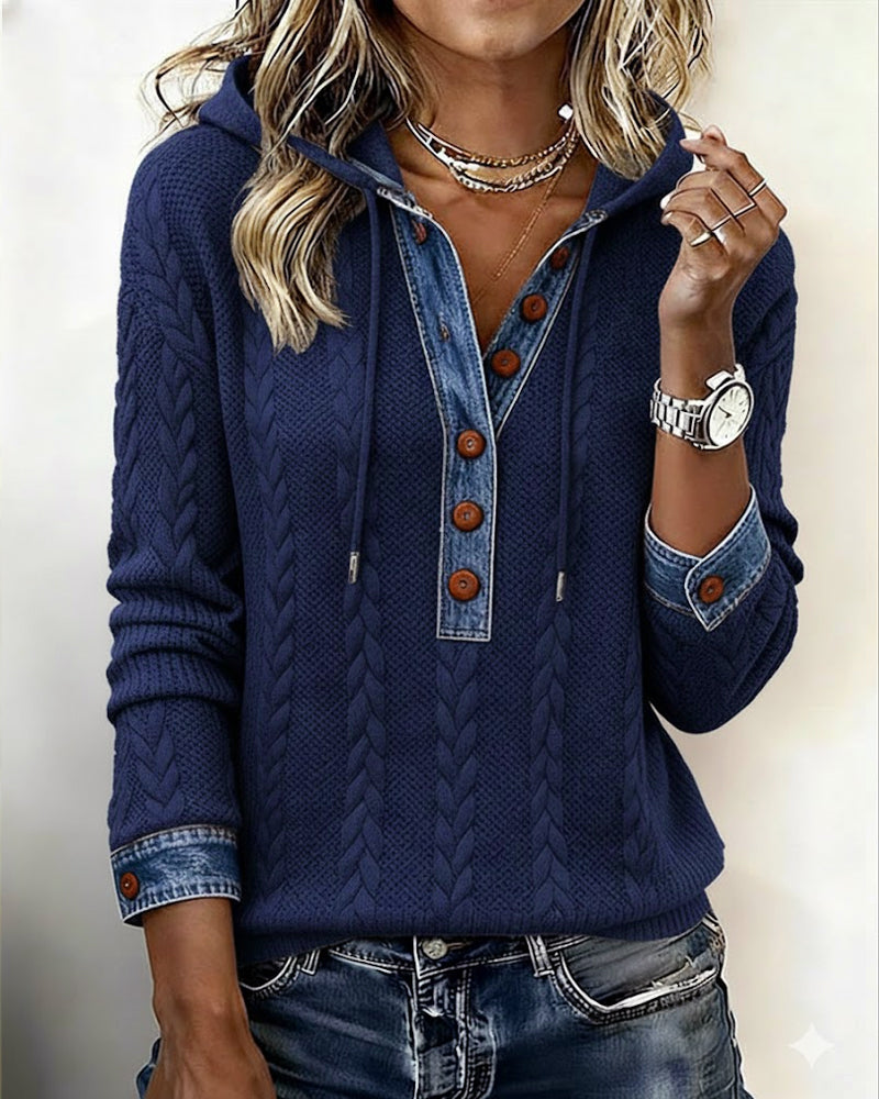 Fargeblokkert Langermet Hettegenser Med Knapper