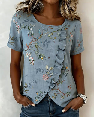 Bluse Rundhalset Kortsermet Rysje Blomstret