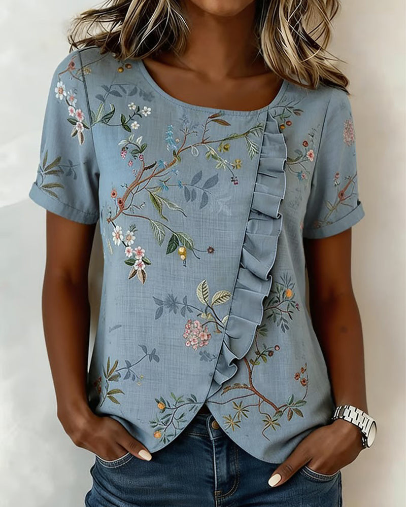 Bluse Rundhalset Kortsermet Rysje Blomstret