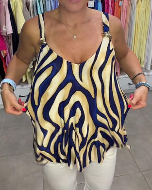 Bluse V-Hals Stroppet Zebra Trykk Metallknapp