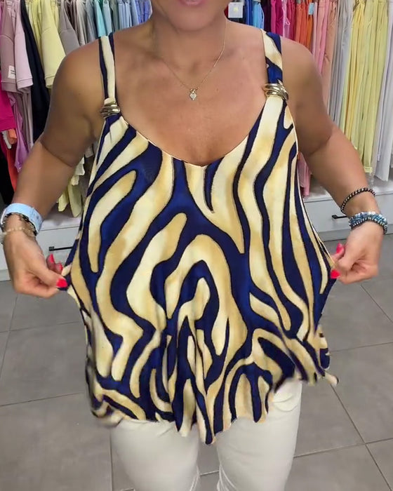 Bluse V-Hals Stroppet Zebra Trykk Metallknapp