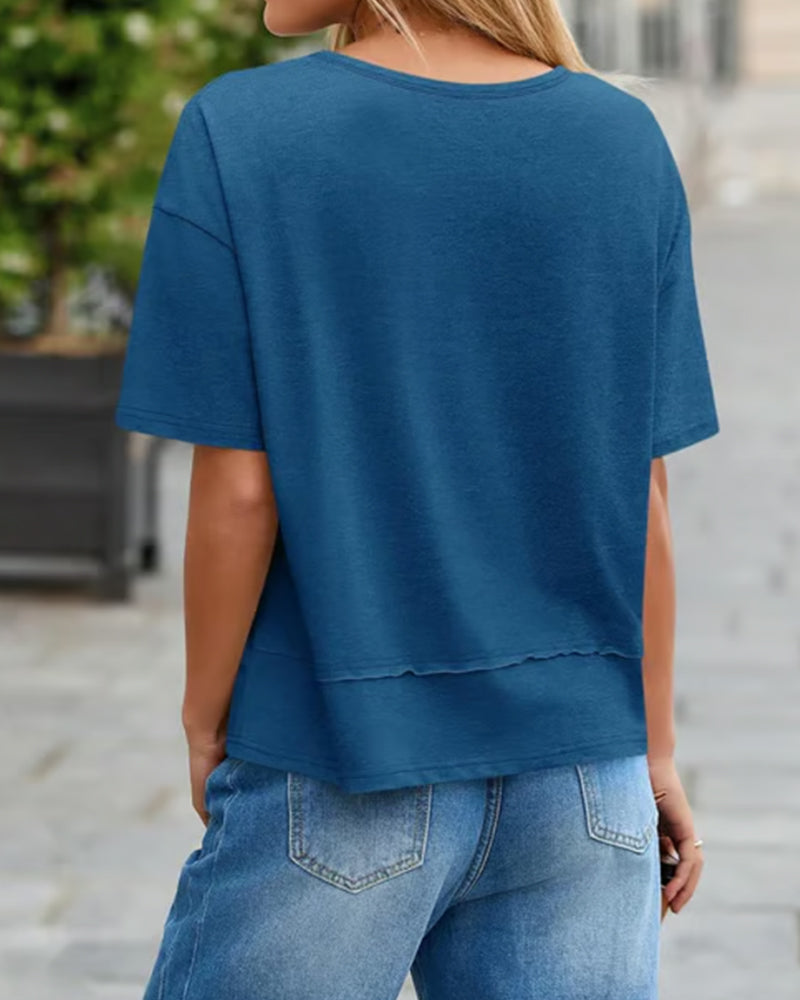 Bluse Ensfarget V-Utringning Lappeteppe Kant