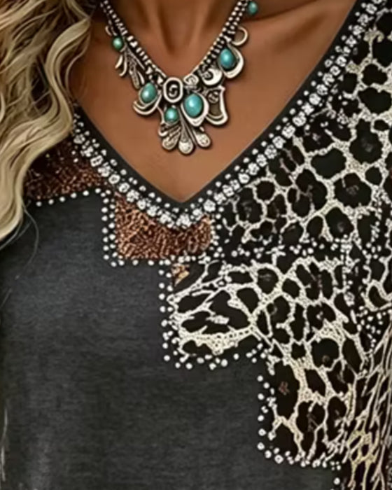 Bluse V-Hals Leopard Trykk