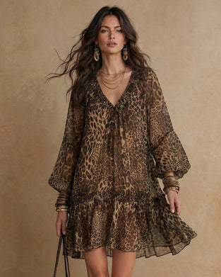 Kjole V-Hals Leopardmønster Pufferme Ruffle