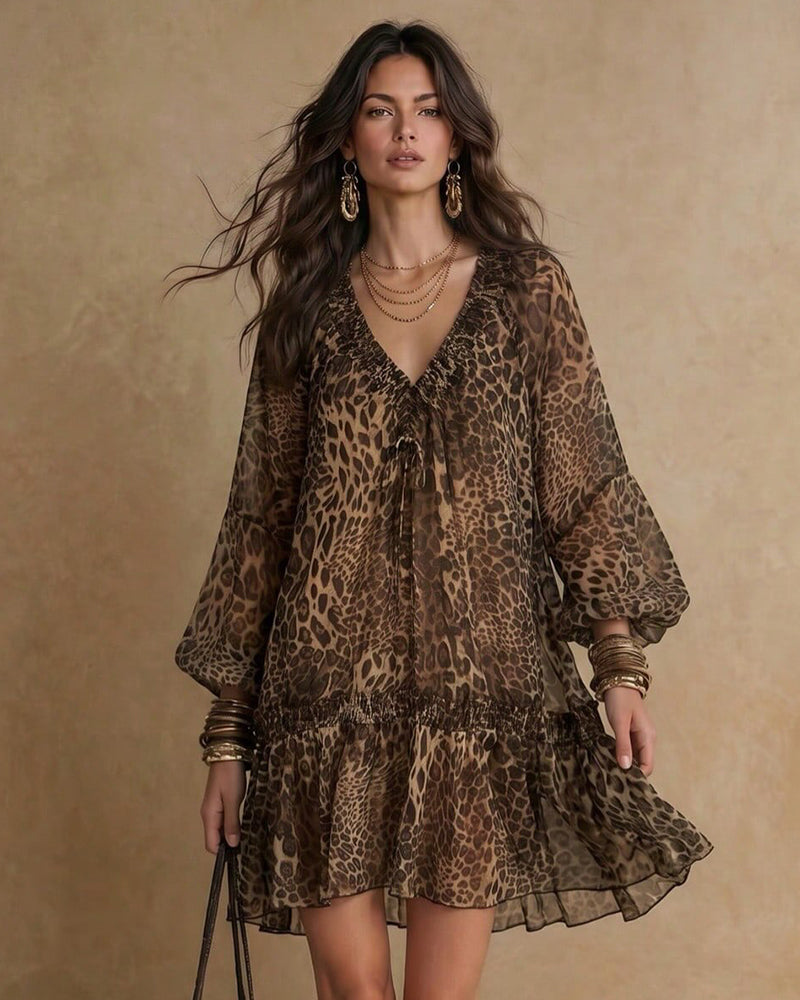 Kjole V-Hals Leopardmønster Pufferme Ruffle