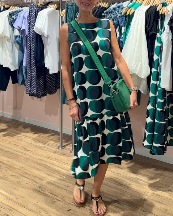 Kjole uten ermer med rund hals og trykk