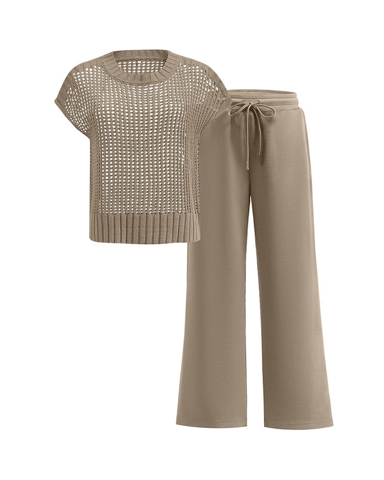 Sett Rund Hals Kortermet Gjennombrutt Pullover