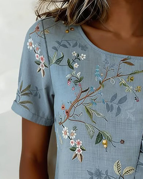 Bluse Rundhalset Kortsermet Rysje Blomstret