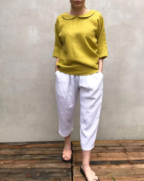 Bluse Peter Pan-Krage Lin-Blanding Loose-Fit