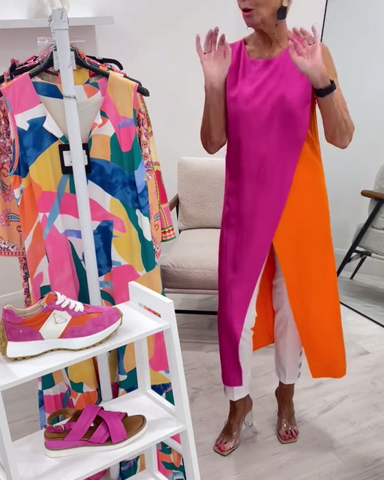 Bluse Uten Ermer Kontrastfarge Splitt Lang