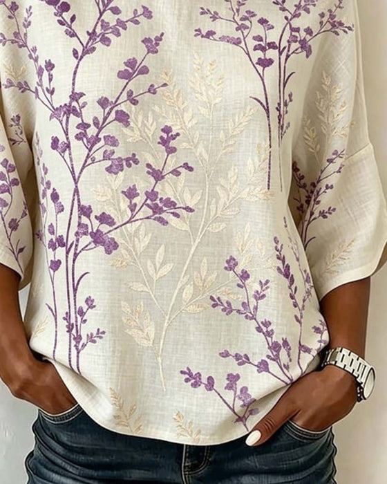 Bluse Rund Hals Patchwork Løs