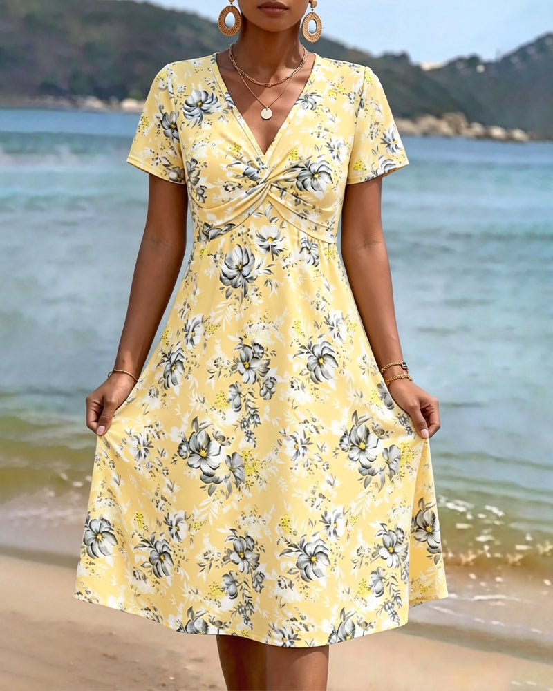 Kjole Blomstret V-Hals Twist Knute