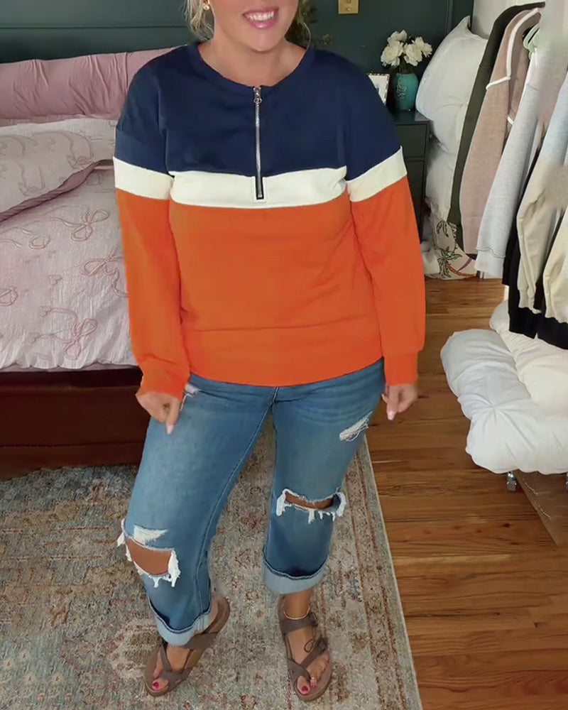 Sweatshirt Med Glidelås, Ståkrage Og Fargeblokkering Langermet
