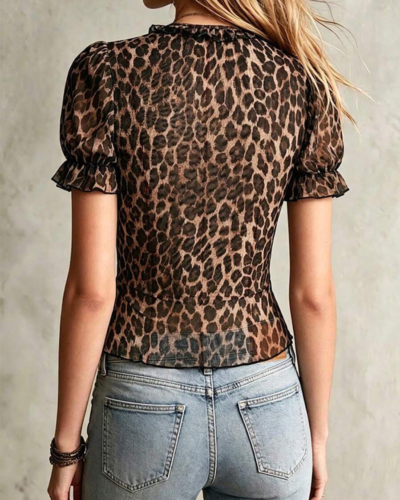Bluse V-Hals Leopard Trykk Ruffle Puffererme
