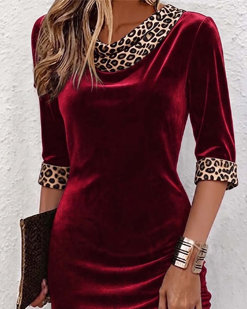 Kjole Drapert Cowl Hals Leopard Trykk Halvarm Slim Fit