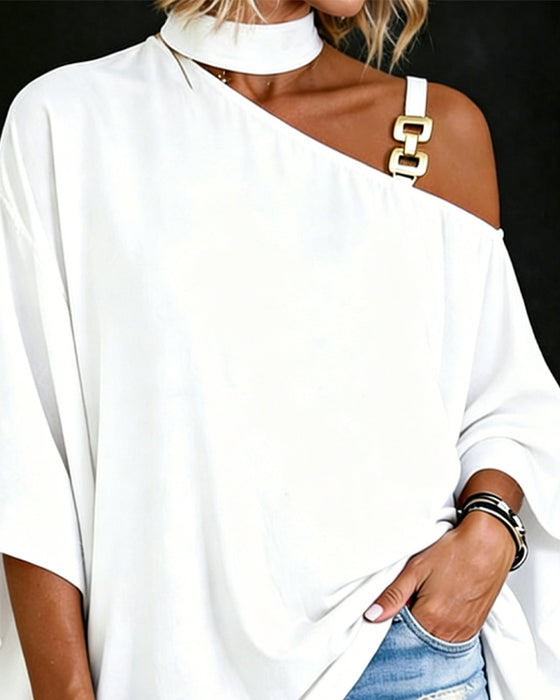 Bluse Asymmetrisk Off-Shoulder Knapp Ensfarget
