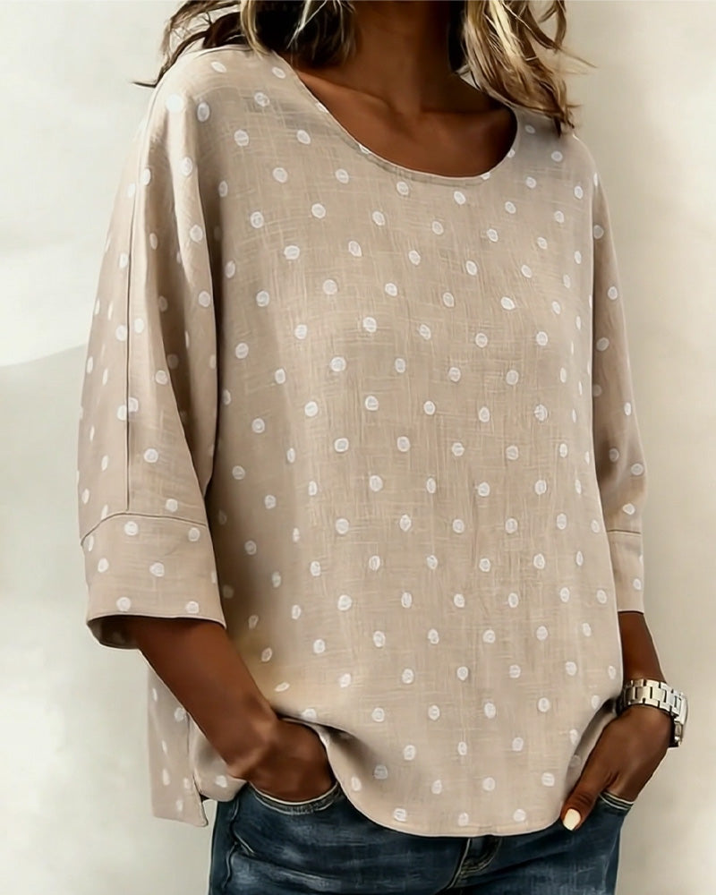 Bluse Trekvarts Erme Prikket Rund Hals