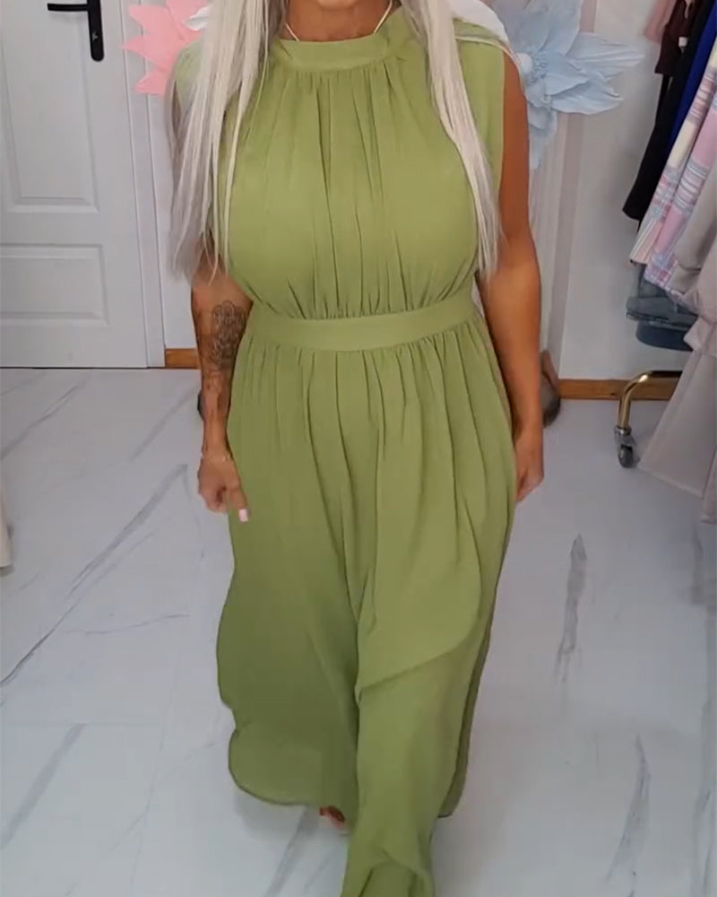 Kjole Ensfarget Ermeløs Midjestramming Maxi