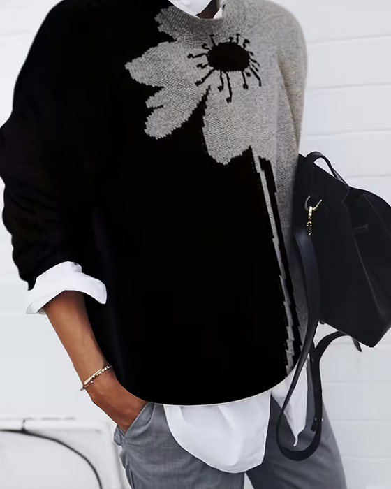 Pullover Fargeblokk Stor Blomstret Jacquard Rund Hals
