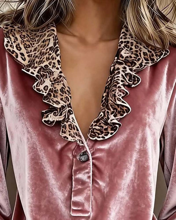 Bluse V-Hals Leopard Trykk Ruffle Erme