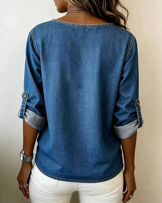 Bluse Rund Hals Sidesplit Knapp