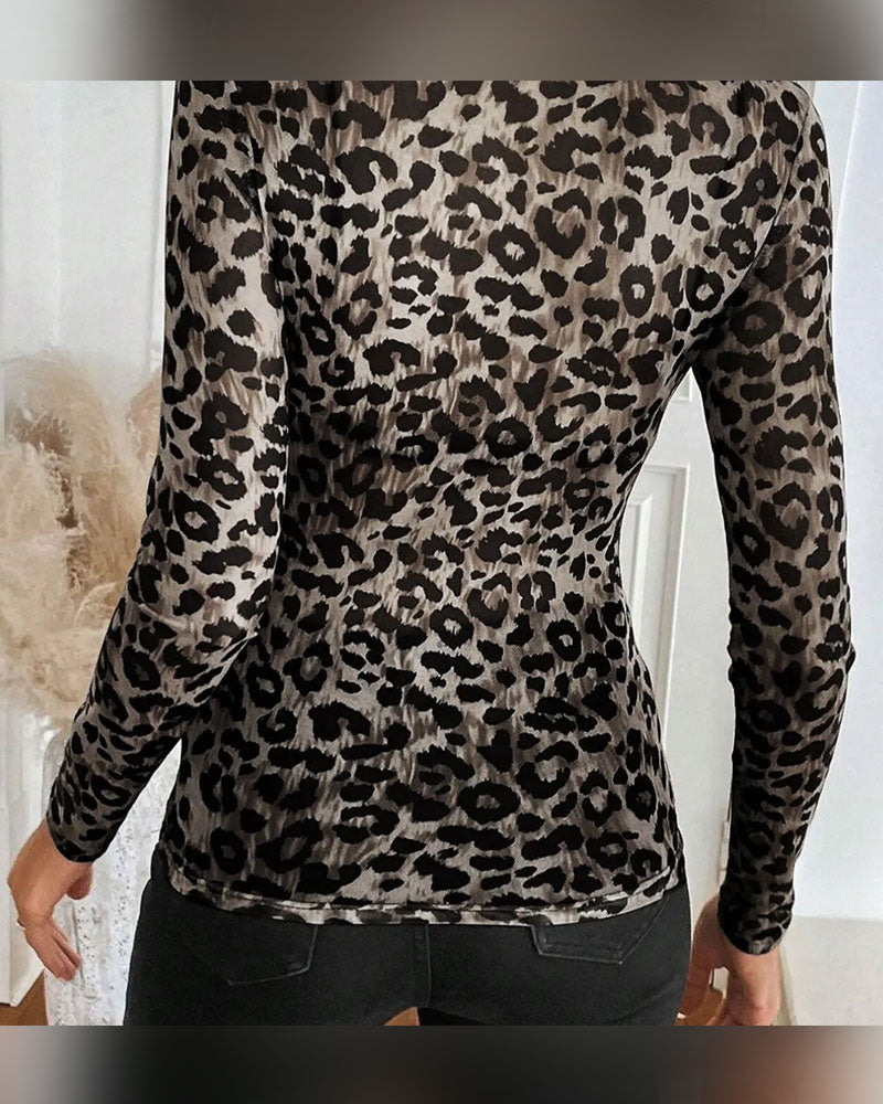 Topp Leopardmønster Rund Hals Lang Erme