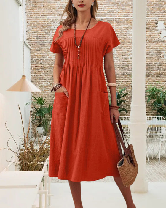 Kjole Plissert Kortermet Bomull Og Lin