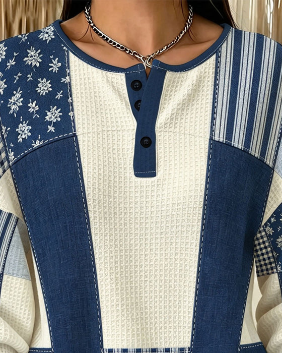 Sweatshirt Rund Hals Knapp Blomstret Plaid