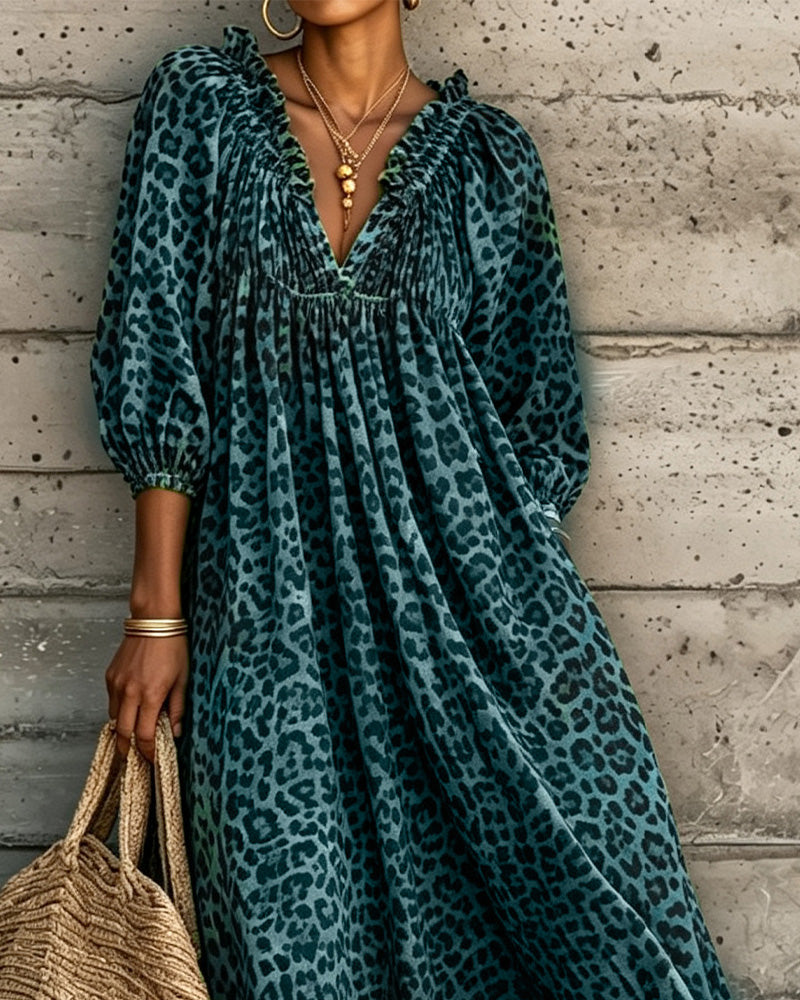 Kjole Leopard Trykk V-Hals Puff Erme