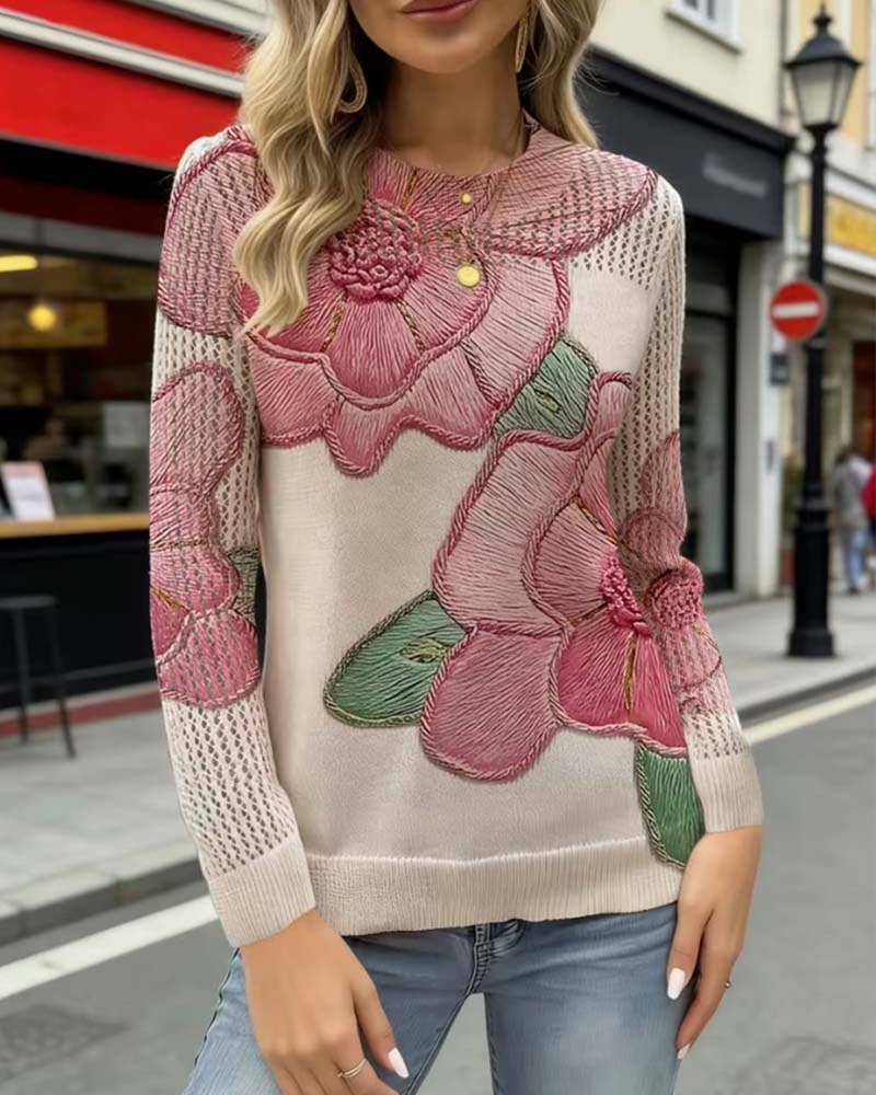 Pullover Blomstermønster Avslappnet Langermet