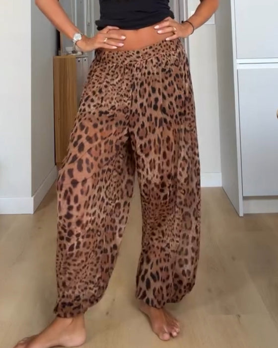 Bukser Elastisk Midje Leopard Trykk Bred Ben Lang