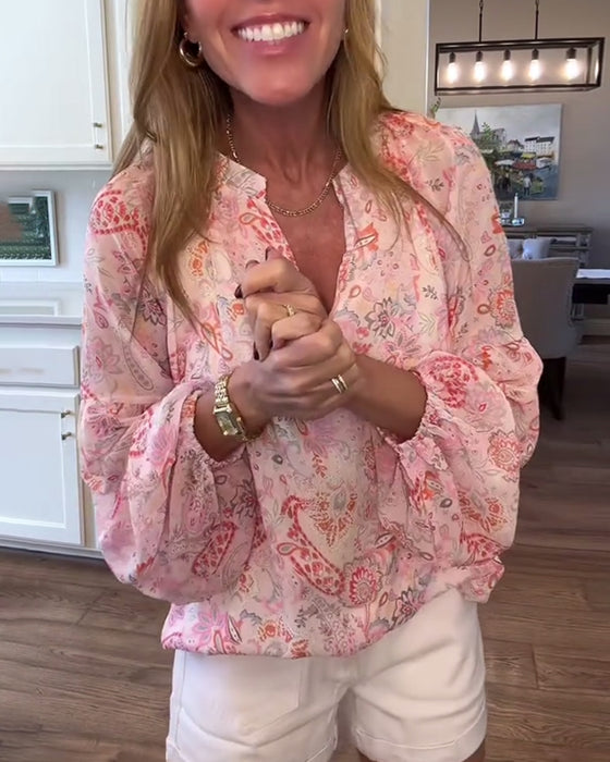 Bluse Med Ballongermer Og Blomstermønster