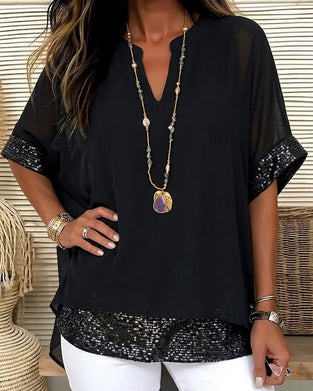 Bluse Paljett Patchwork Sheer Løs