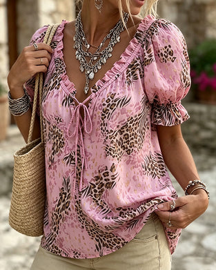 Bluse Leopardmønster Pufferme Snøring