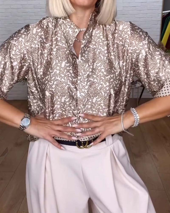 Bluse Med Ståndkrage Og Trykt Satin