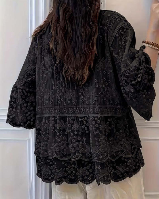Bluse Kort Erme Blonder Trim