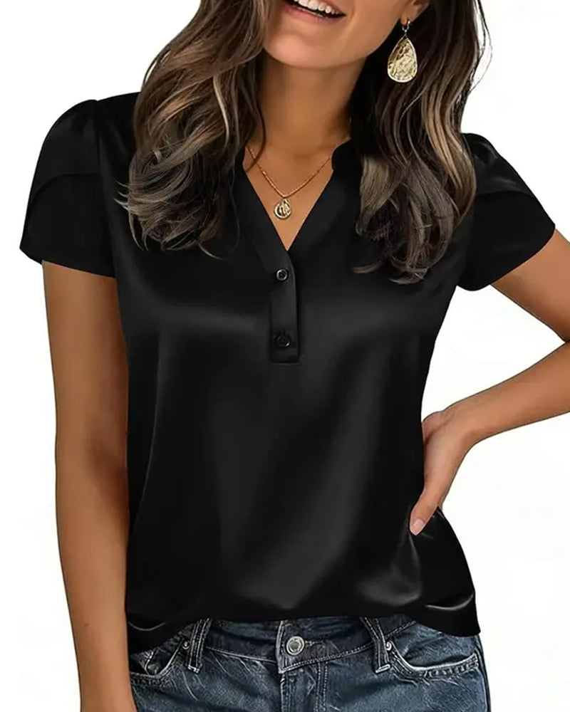 Bluse V-Hals Knapp-Feste Kortermet