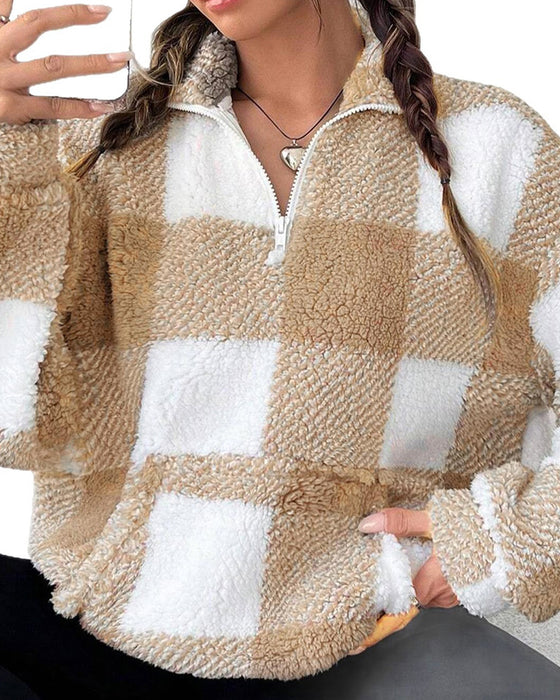Sweatshirt Halv-Zip Ståkrage Rutemønster