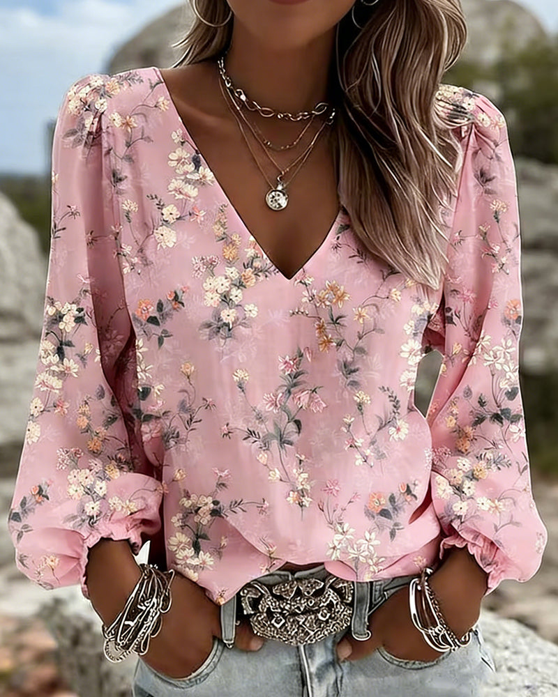 Bluse Blomstret V-Hals Pufferme