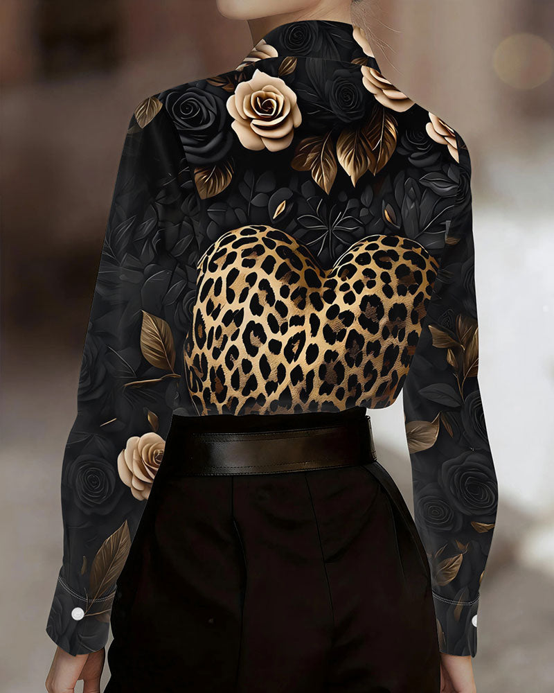 Skjorte Knapp Leopard Hjerte Blomstret