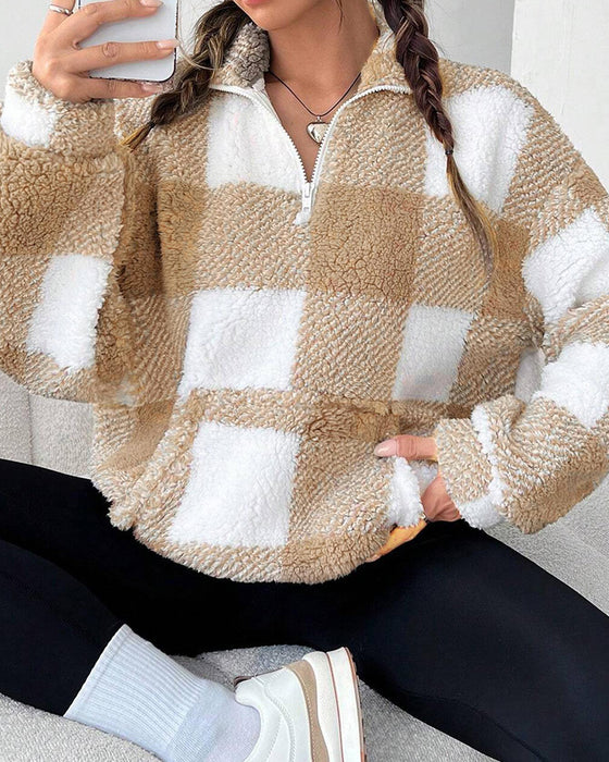 Sweatshirt Halv-Zip Ståkrage Rutemønster