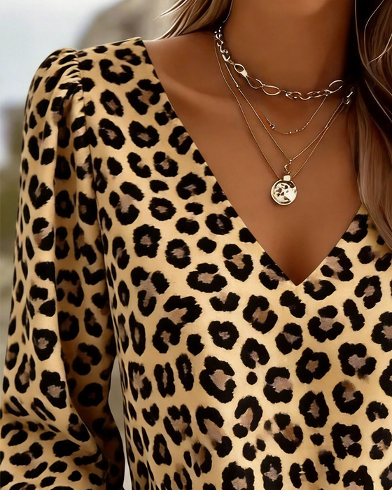 Bluse Leopardmønster V-Hals Boble Erme