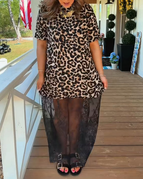 Kjole Stilig Kort Erm Leopard Trykk