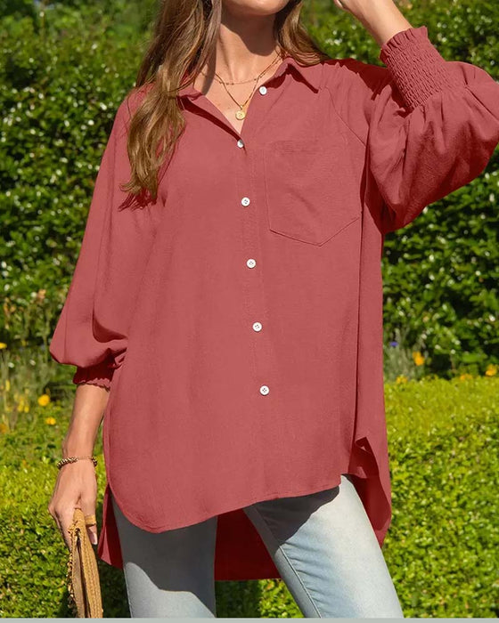 Bluse Løs Lomme Ensfarget Elastisk-Erme