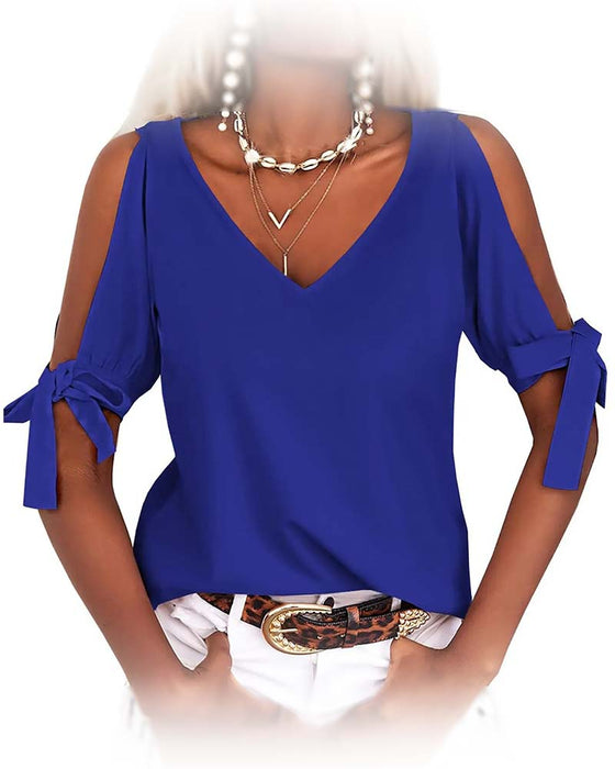 Bluse V-Hals Cold Shoulder Sløyfe Ensfarget
