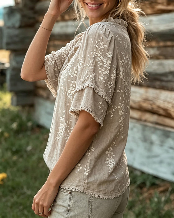 Bluse V-Hals Blondekant Fryns Trykk