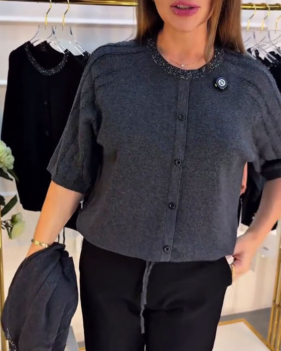 Pullover Rund Hals Kort Erme Enkeltknappet