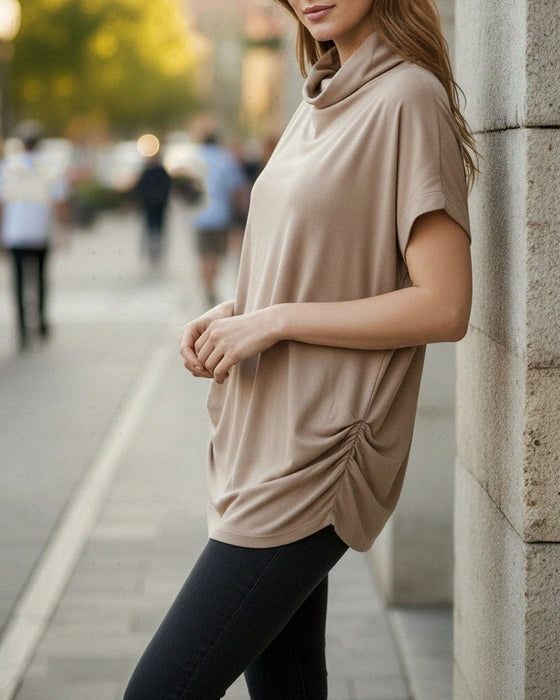 Bluse Mock Hals Kort Erme Side Rynket